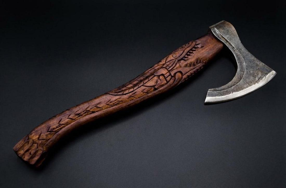 Handmade Carbon Steel Viking Axe Throwing Hatchet with Engraved Ash Wood Handle - 9
