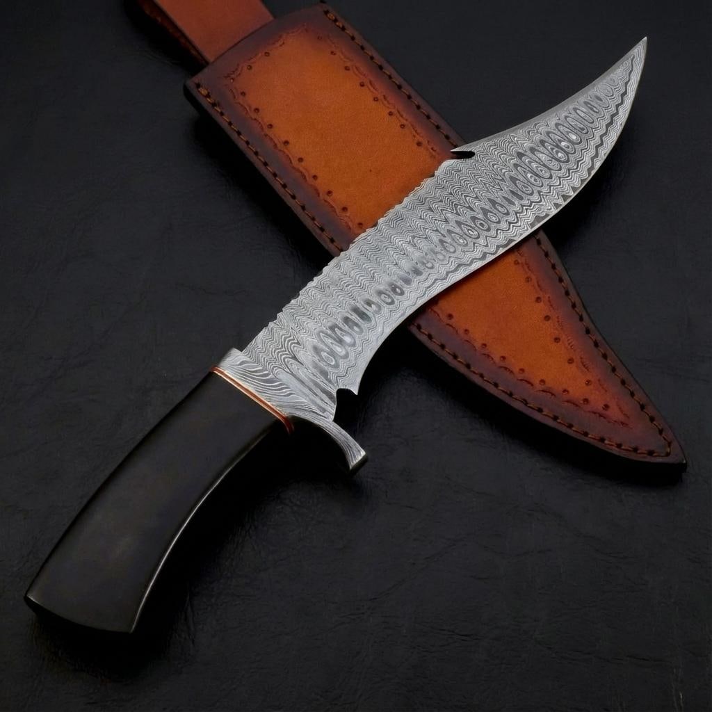 Handmade 14" Damascus Steel Bowie Knife | Custom Hunting Knife with Sheath - 9