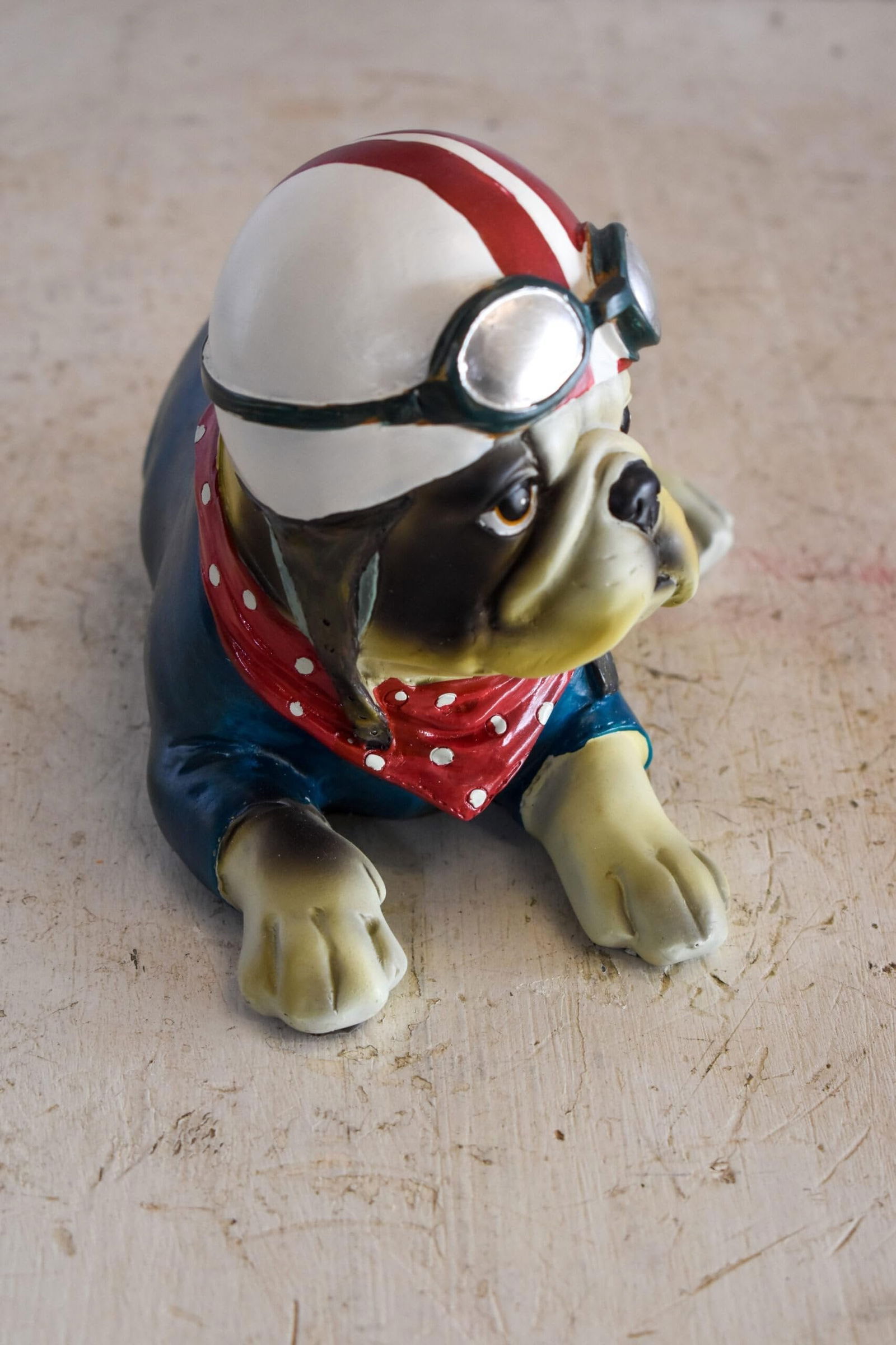 A Happy Dog Dressed in Motorcycle Rider Suit, Resin Statue 9" x 6" x 7"H - 8