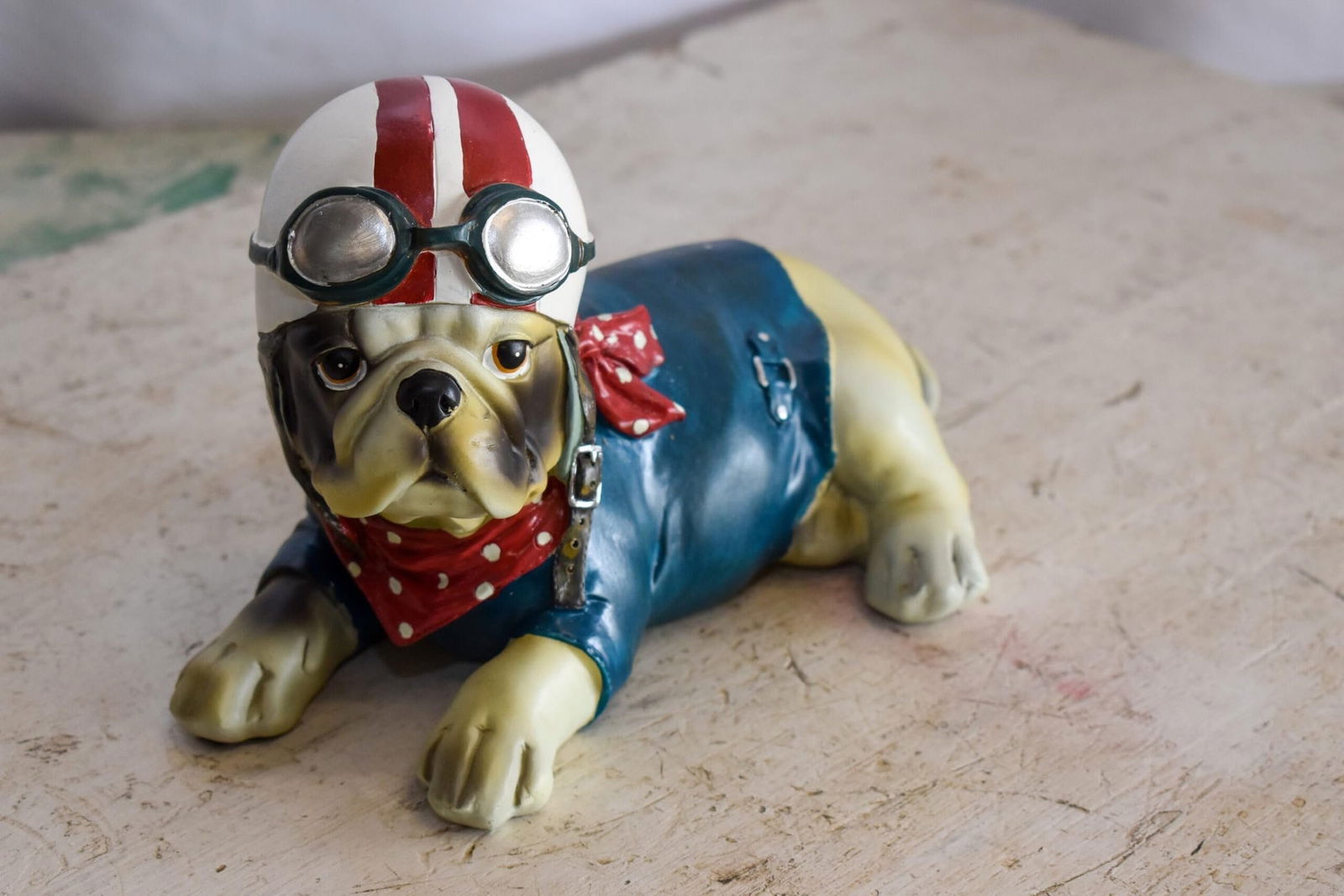 A Happy Dog Dressed in Motorcycle Rider Suit, Resin Statue 9" x 6" x 7"H - 9