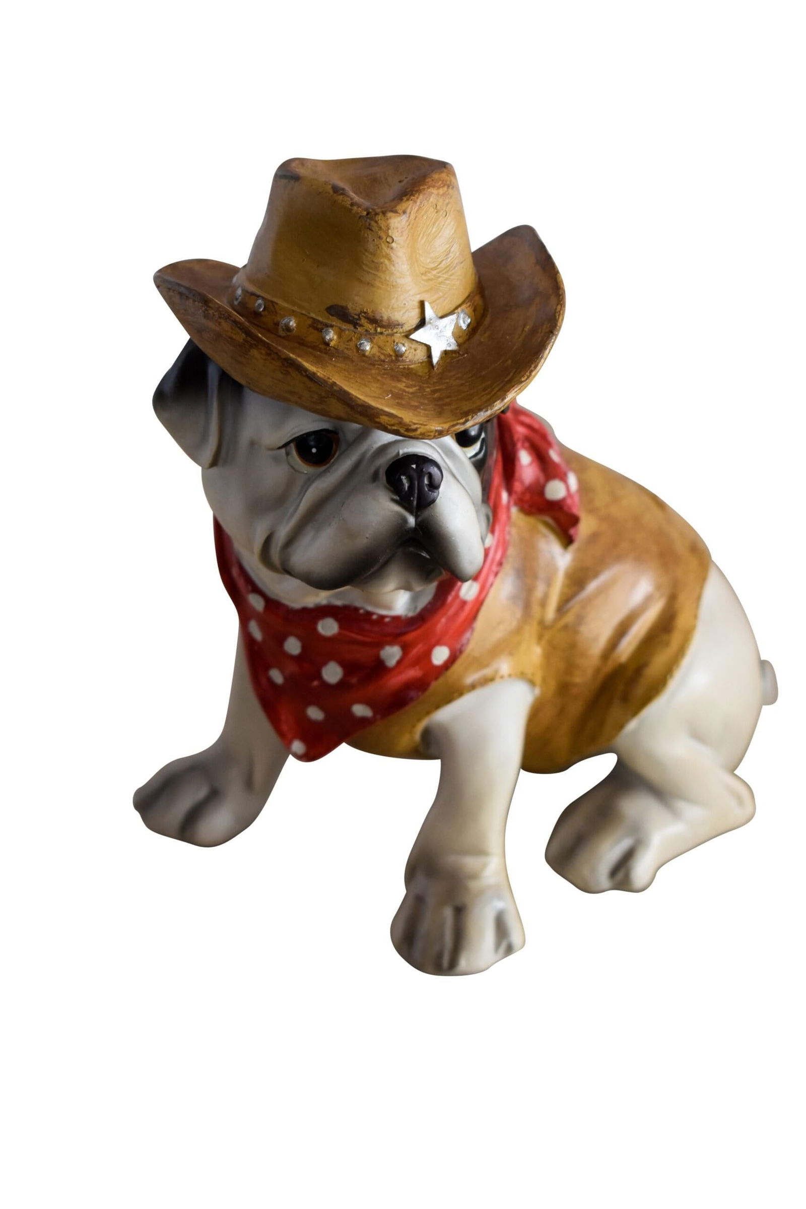 A Happy Dog Dressed as The Sheriff of The Town, Resin Statue 8" x 5" x 8"H: Title:A Happy Dog Dressed as The Sheriff of The Town, Resin Statue 8" x 5" x 8"HDescription:This happy dog is dressed as the town sheriff, resin statue. There are many elements in this piece that