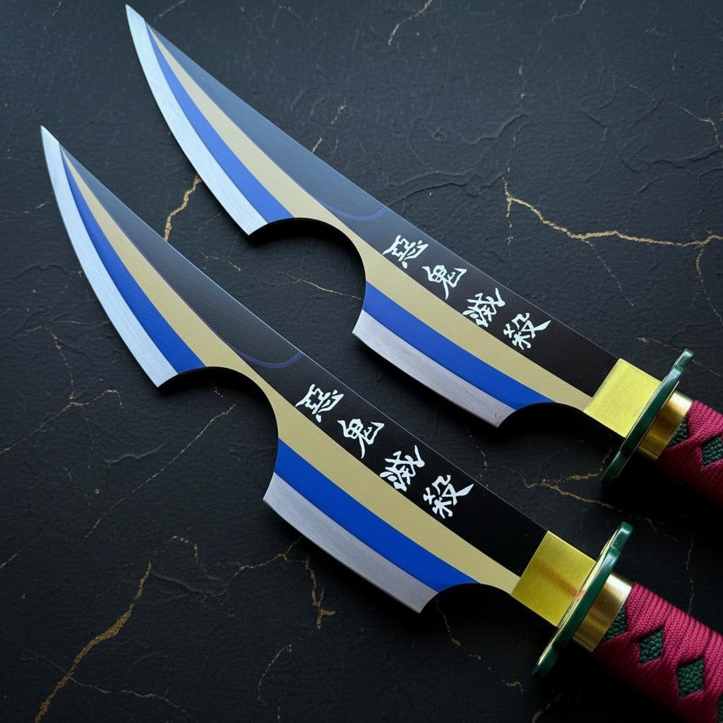 Tengen Uzui Nichirin Swords Proplica Demon Slayer 2PC Twin Steel Blade Set: Title:Tengen Uzui Nichirin Swords Proplica Demon Slayer 2PC Twin Steel Blade Set Description:This listing features the Proplica replica of Tengen Uzui's Nichirin Swords from the anime series Demon Sla