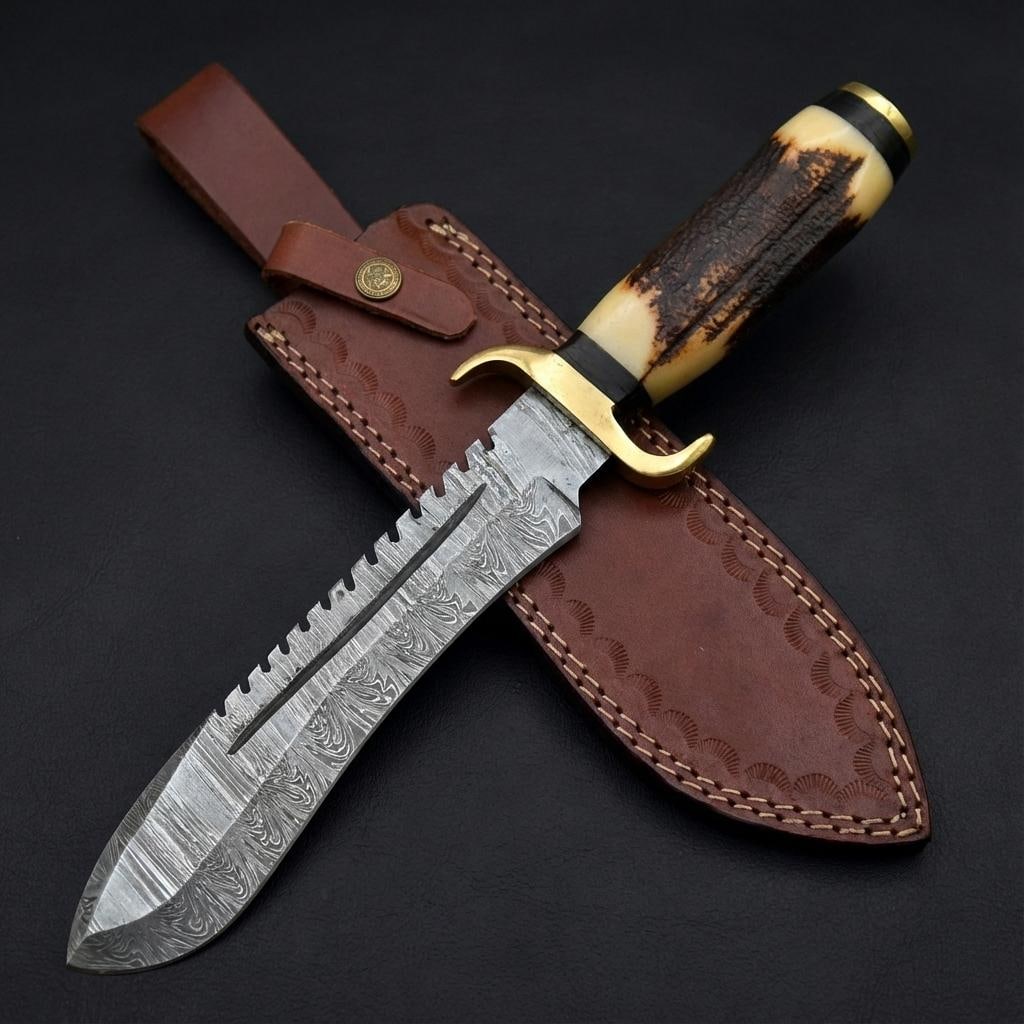 Hand Forged Damascus Steel Bowie Knife | Hunting & Survival | Bone & Wood Handle: Title:Hand Forged Damascus Steel Bowie Knife | Hunting & Survival | Bone & Wood Handle Description:This is a custom hand-forged Bowie knife, designed for hunting, camping, and survival activities. The