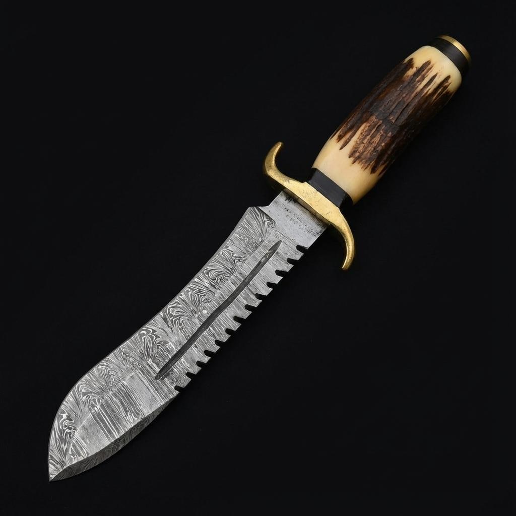 Hand Forged Damascus Steel Bowie Knife | Hunting & Survival | Bone & Wood Handle - 3