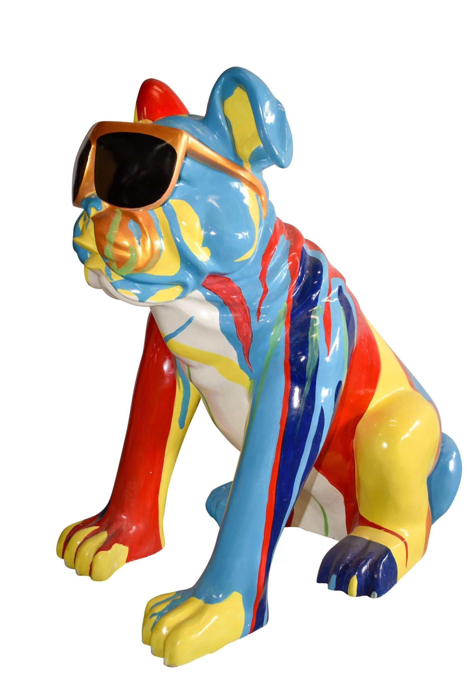 Giant Graffiti Looking British Bulldog with Glasses Resin Statue 29"x 50" x 50"H: Title:Giant Graffiti Looking British Bulldog with Glasses Resin Statue 29"x 50" x 50"HDescription:Enjoy this Giant Graffiti Looking British Bulldog with Glasses Resin Statue. This modern abstract