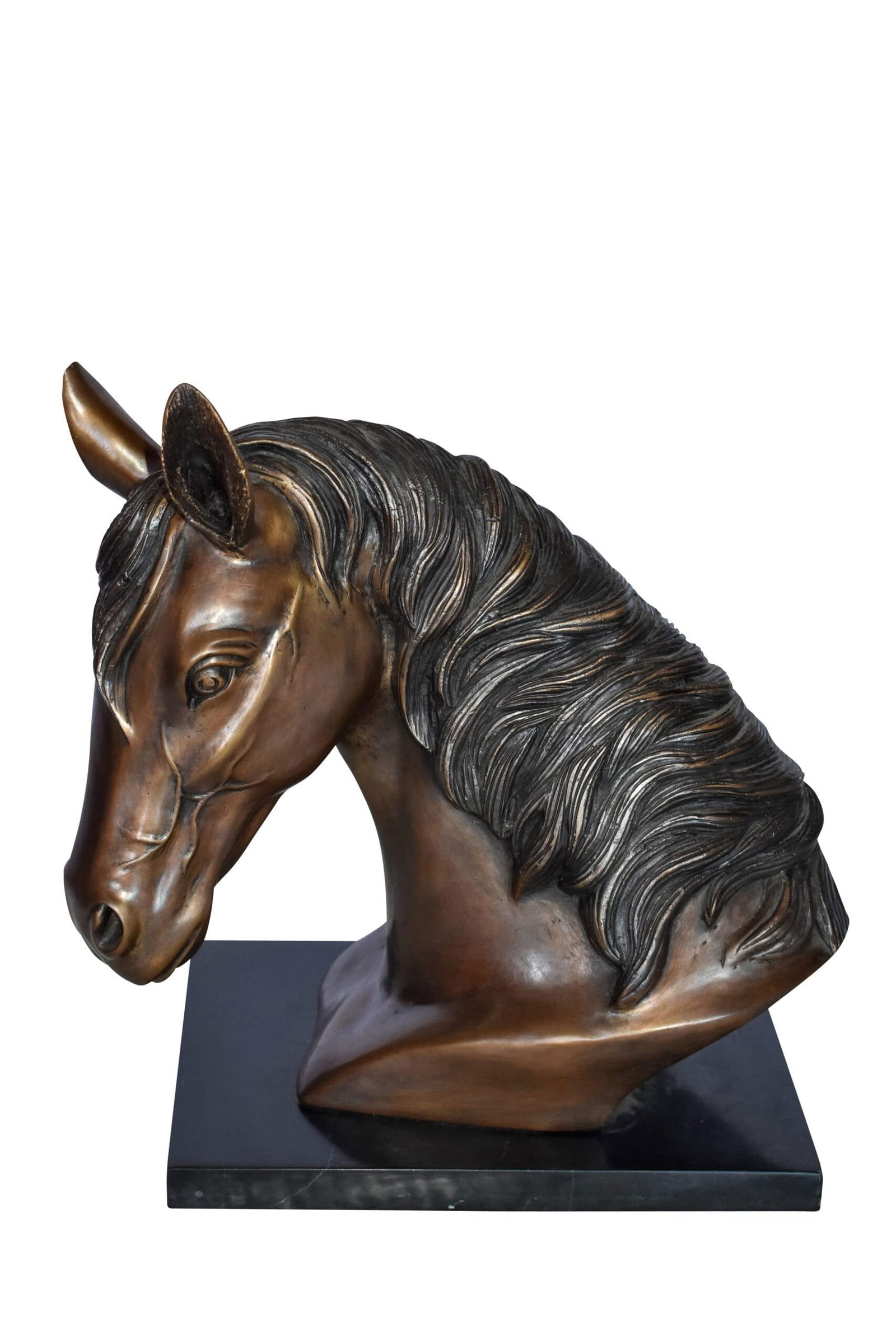 Bust Of a Horse Made of Bronze Mounted on Marble Size: 12" x 6" x 12"H: Title:Bust Of a Horse Made of Bronze Mounted on Marble Size: 12" x 6" x 12"HDescription:Here is a magnificent, impressive bronze statue of a horse bust. The sculpture is cast in the traditional