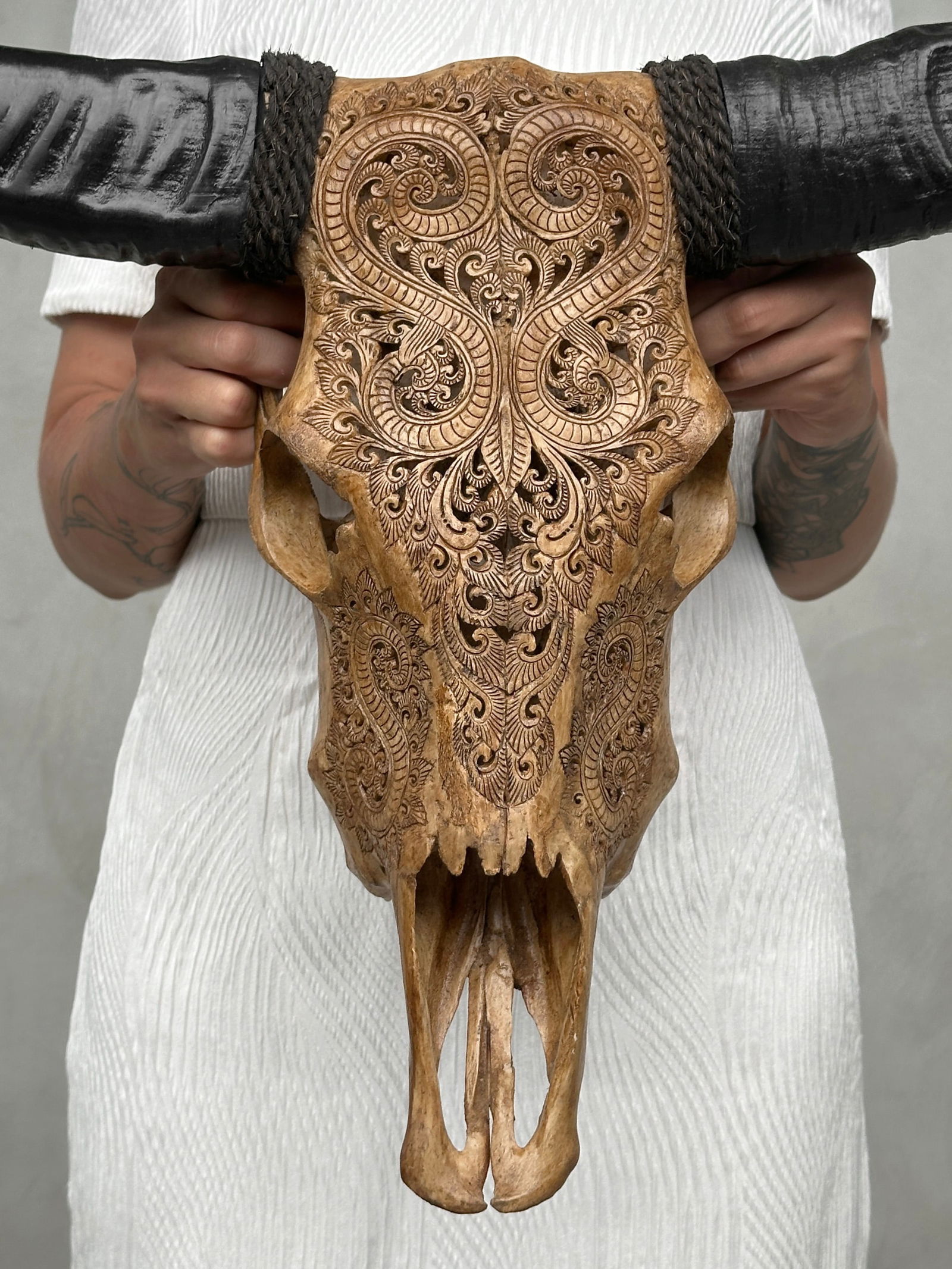 Brown carved buffalo skull - Leaf motif - 10