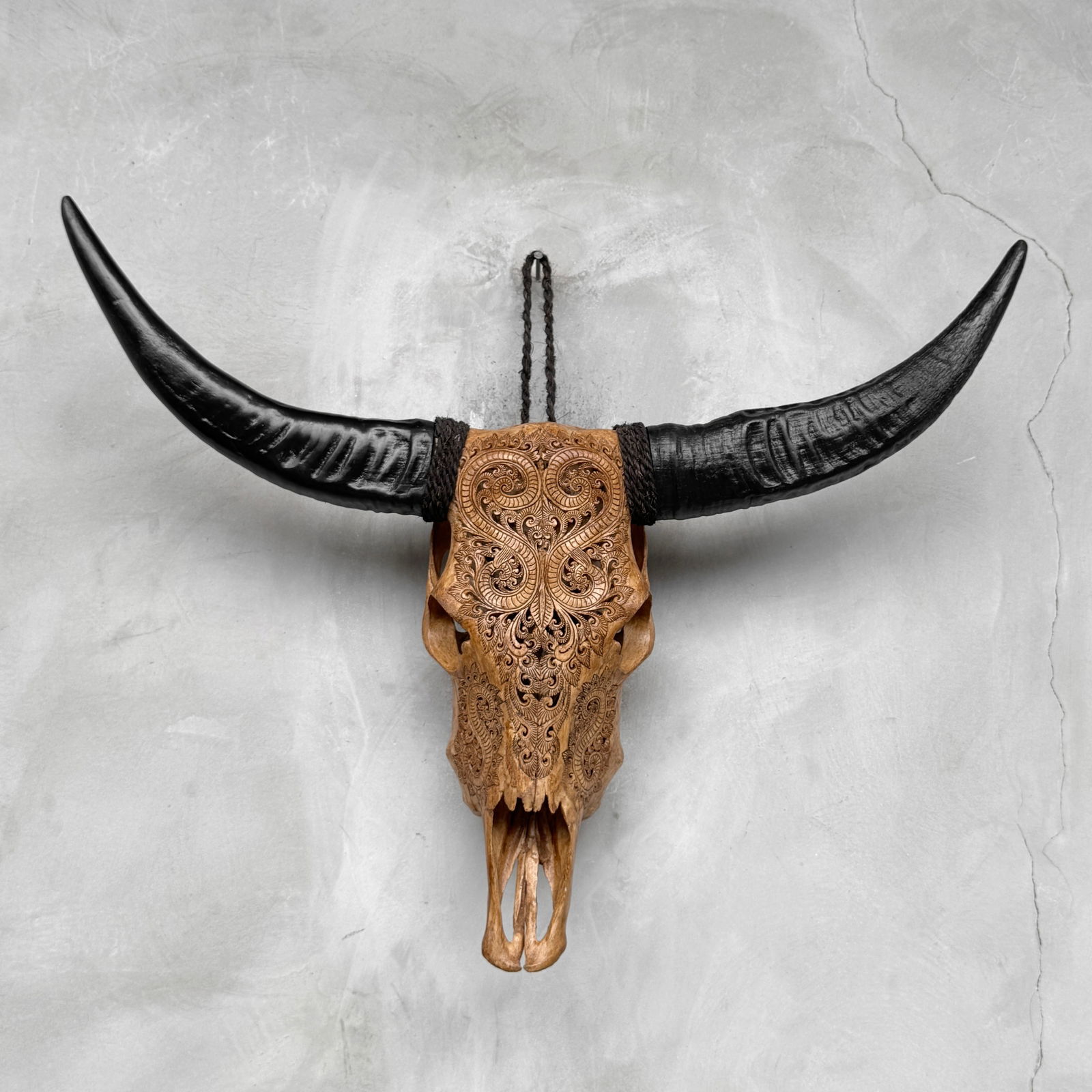 Brown carved buffalo skull - Leaf motif - 9