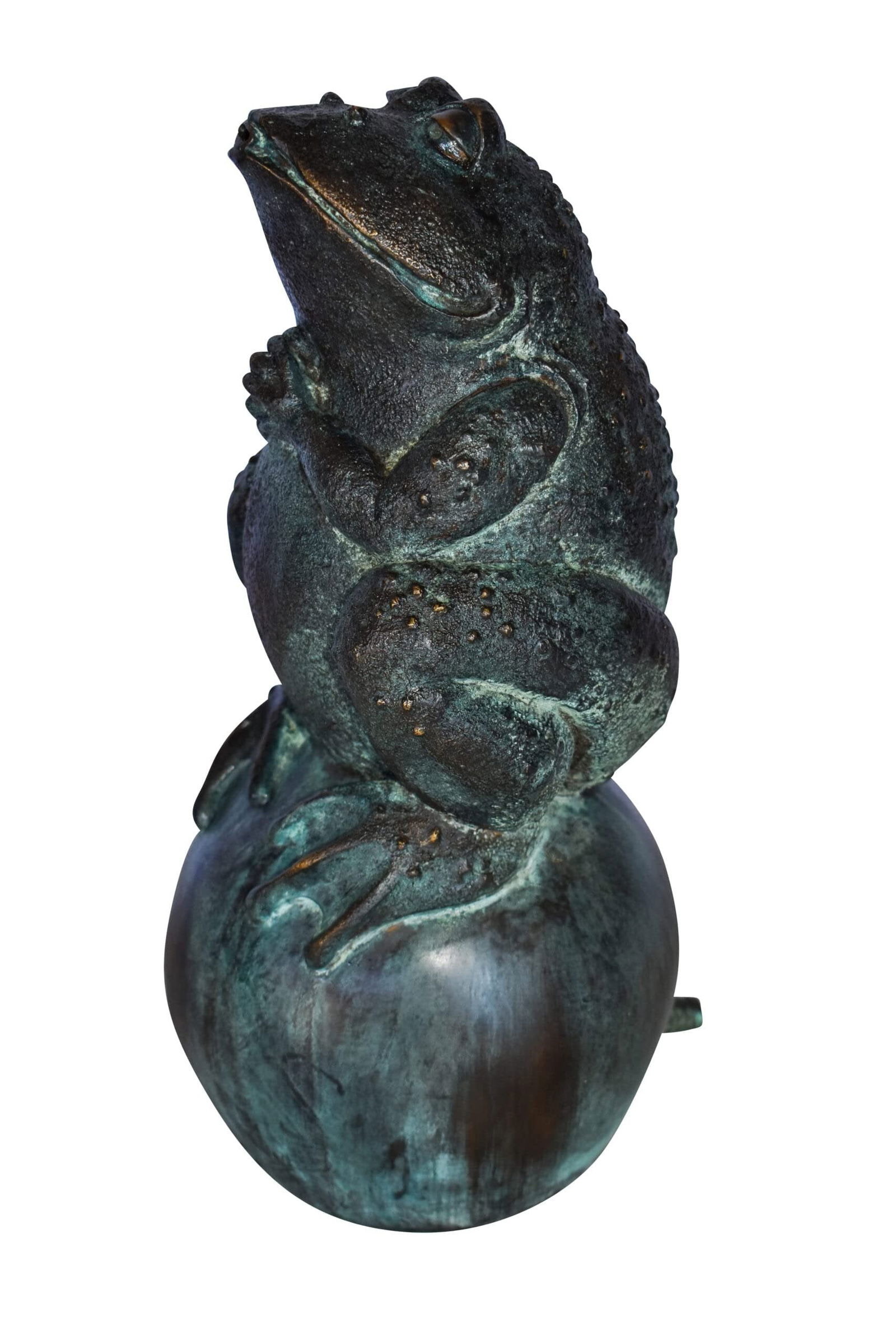 Frog With Green Patina Bronze Fountain Statue 6"x6"x14"H: Title:Frog With Green Patina Bronze Fountain Statue 6"x6"x14"HDescription:When you see this comical, piped bronze, frog statue seemingly jumping right out of the pond, it might just make you chuckle!