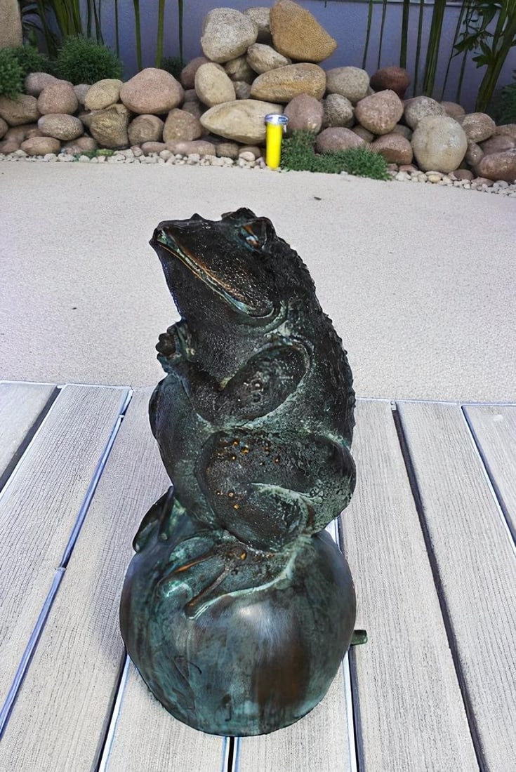 Frog With Green Patina Bronze Fountain Statue 6"x6"x14"H - 2