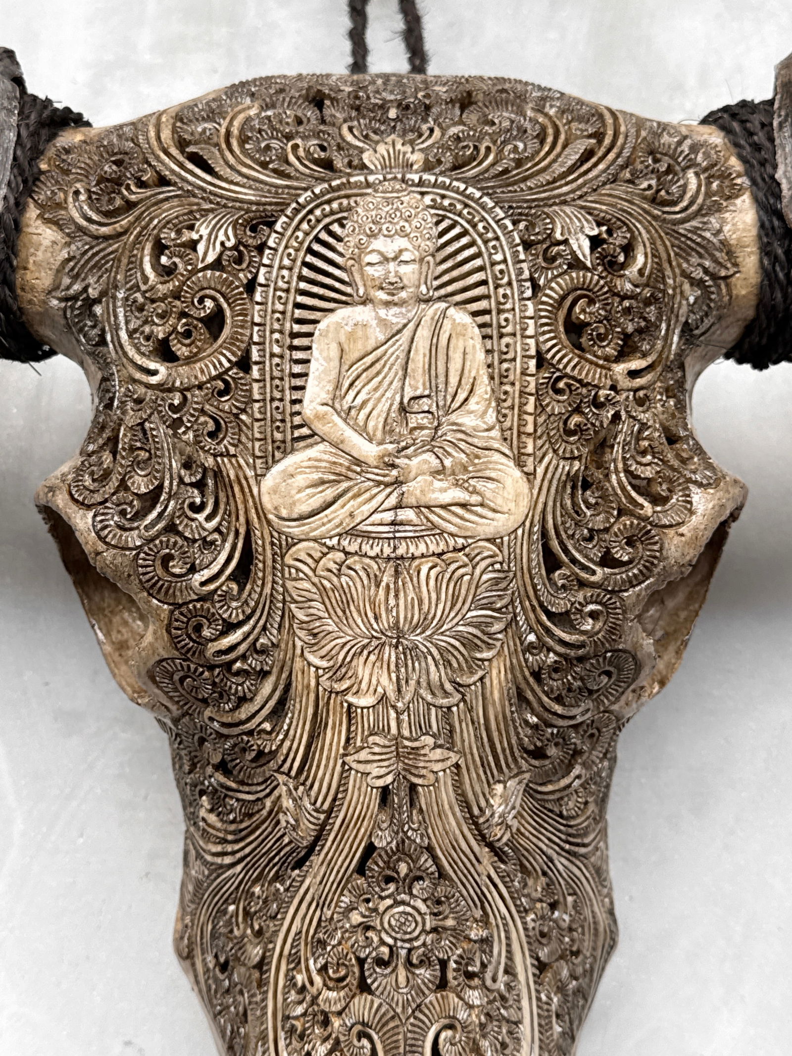 Carved water buffalo skull - Buddha motif - 3
