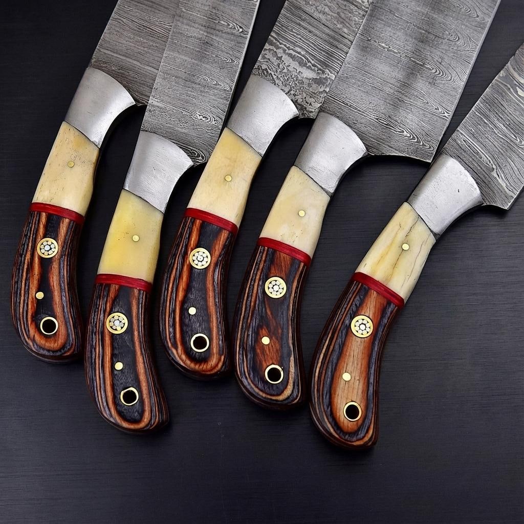 Hand Forged 5-Piece Damascus Steel Chef Knife Set with Leather Sheath - 3