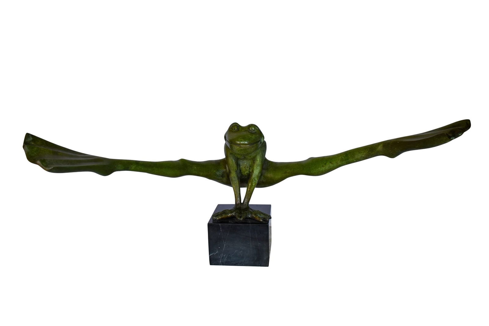 Acrobatic Frog Green Patina Bronze Statue Mounted on A Marble 43" x 26" x 20"H: Title:Acrobatic Frog Green Patina Bronze Statue Mounted on A Marble 43" x 26" x 20"HDescription:When you see this comical bronze statue of a green acrobatic frog stretching his legs out as he is