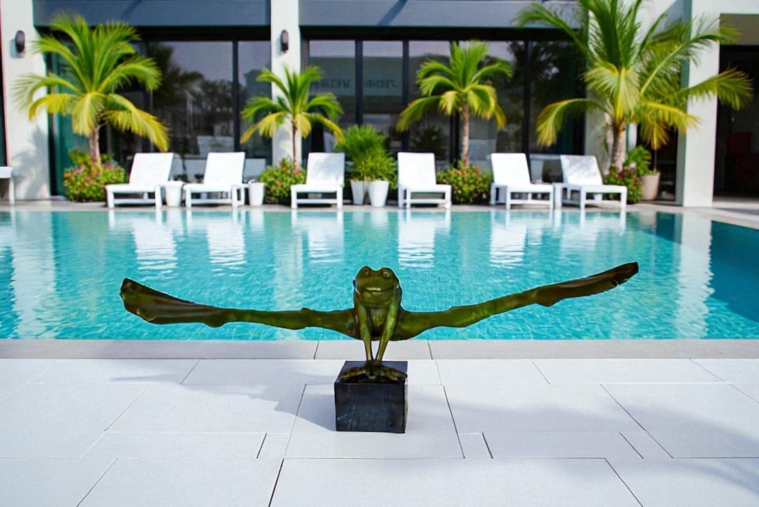 Acrobatic Frog Green Patina Bronze Statue Mounted on A Marble 43" x 26" x 20"H - 2