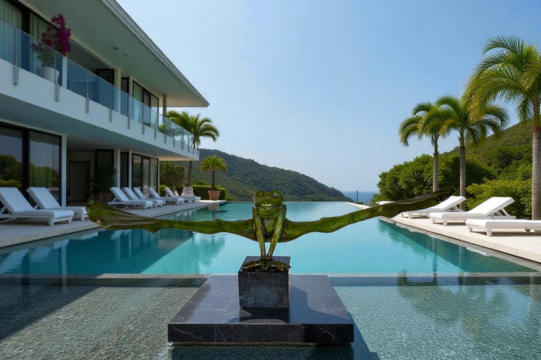 Acrobatic Frog Green Patina Bronze Statue Mounted on A Marble 43" x 26" x 20"H - 3