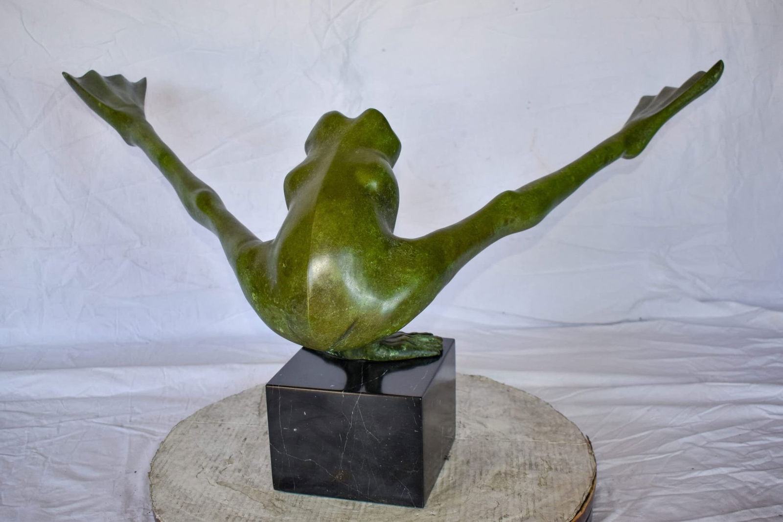 Acrobatic Frog Green Patina Bronze Statue Mounted on A Marble 43" x 26" x 20"H - 6