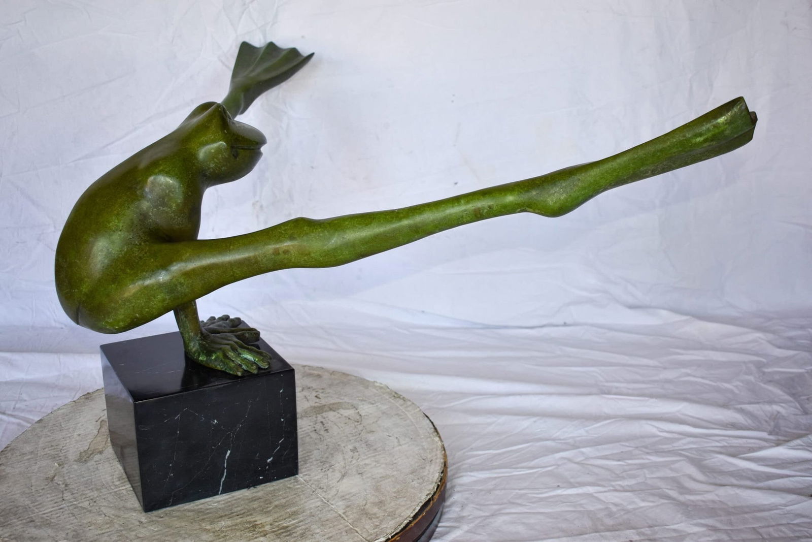 Acrobatic Frog Green Patina Bronze Statue Mounted on A Marble 43" x 26" x 20"H - 7