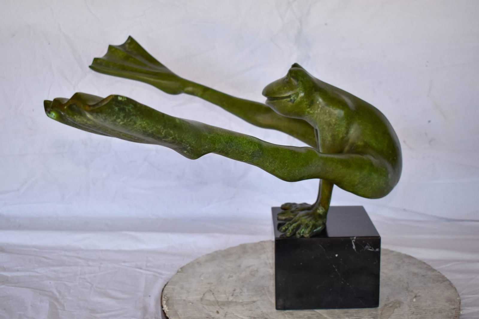 Acrobatic Frog Green Patina Bronze Statue Mounted on A Marble 43" x 26" x 20"H - 9