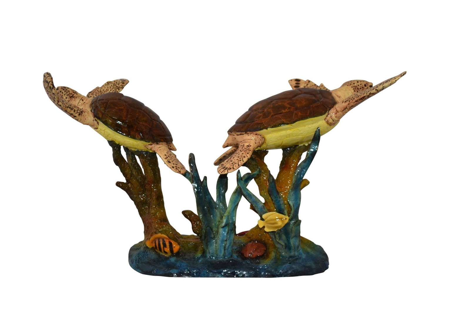 Gliding Turtles in Reef Table Top Bronze Statue Size: 18" x 16" x 31"H: Title:Gliding Turtles in Reef Table Top Bronze Statue Size: 18" x 16" x 31"H Description:This colorful and uplifting bronze piece captures a playful scene of two sea turtles gliding through the vibran