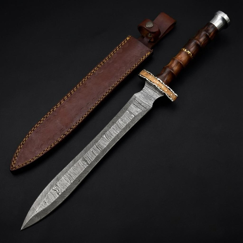 Hand Forged Damascus Steel Gladiator Gladius Sword | Double Edged w/ Sheath: Title:Hand Forged Damascus Steel Gladiator Gladius Sword | Double Edged w/ SheathDescription:This listing is for a hand-forged, double-edged sword in the style of a Roman Gladius. The blade is