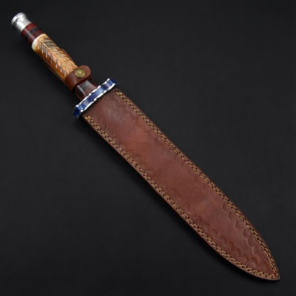 20" Hand-Forged Damascus Steel Sword with Camel Bone Handle & Leather Sheath - 4