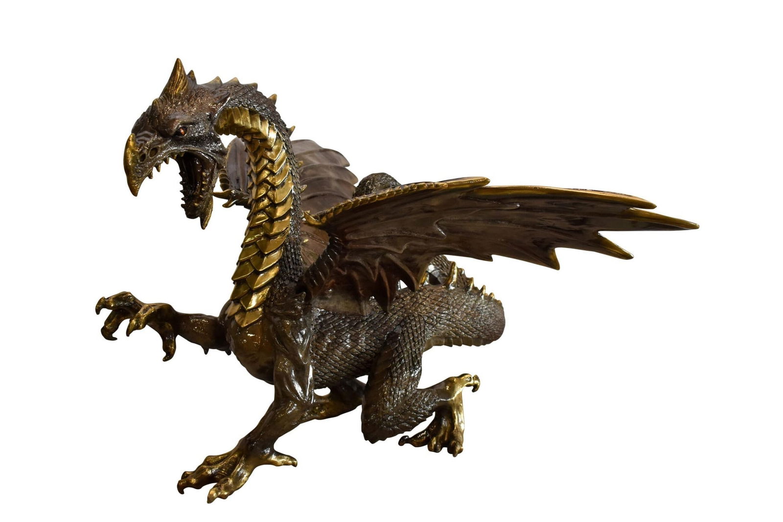 Dragon Bronze Statue with Two Tone Bronze Finish 32" x 36" x 25"H: Title:Dragon Bronze Statue with Two Tone Bronze Finish 32" x 36" x 25"H Description:This beautiful statue of a dragon is a perfect addition to any home. The dragon is a reminder of the Chinese New Yea