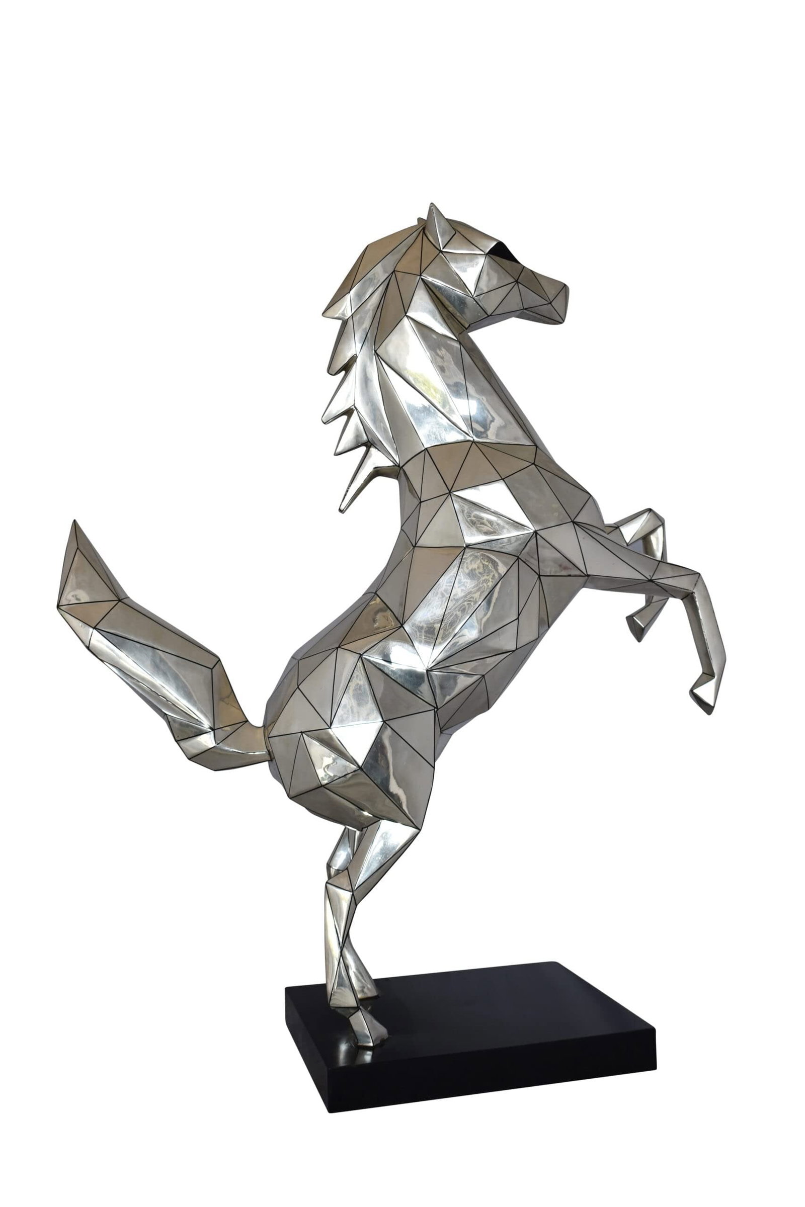 Modern Textiled Ferrari Horse Silver Finish Bronze Statue Size: 30" x 11" x 38"H: Title:Modern Textiled Ferrari Horse Silver Finish Bronze Statue Size: 30" x 11" x 38"HDescription:This modern textile ferrari horse has a silver finish. Although small in size, it carries a large