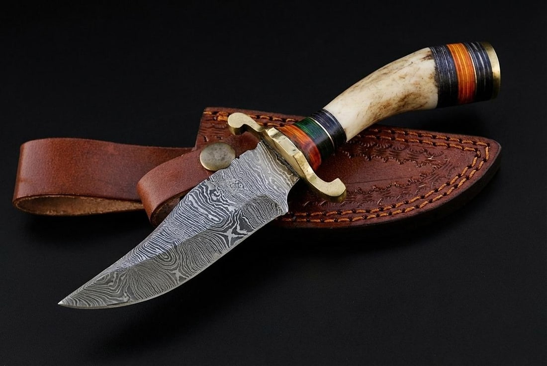 Hand Forged Damascus Steel Hunting Knife 8" with Stag Horn & Brass Handle: Title:Hand Forged Damascus Steel Hunting Knife 8" with Stag Horn & Brass Handle Description:This hand-forged hunting knife features a durable blade crafted from 512 layers of Damascus steel. The desig