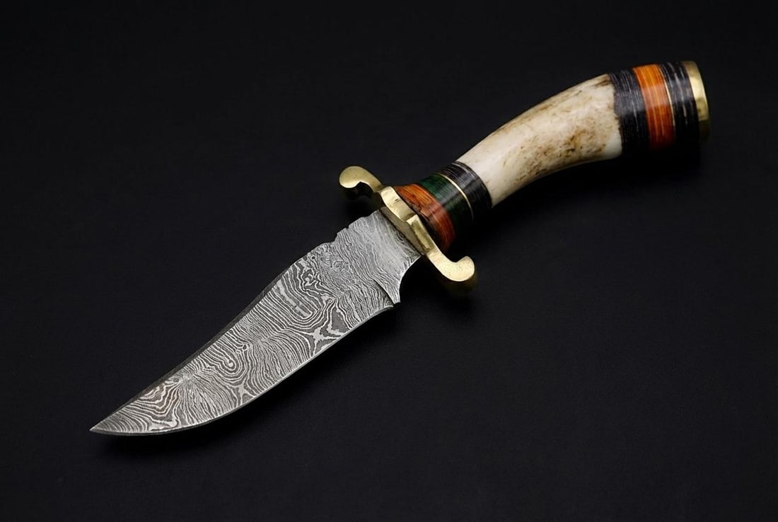 Hand Forged Damascus Steel Hunting Knife 8" with Stag Horn & Brass Handle - 3