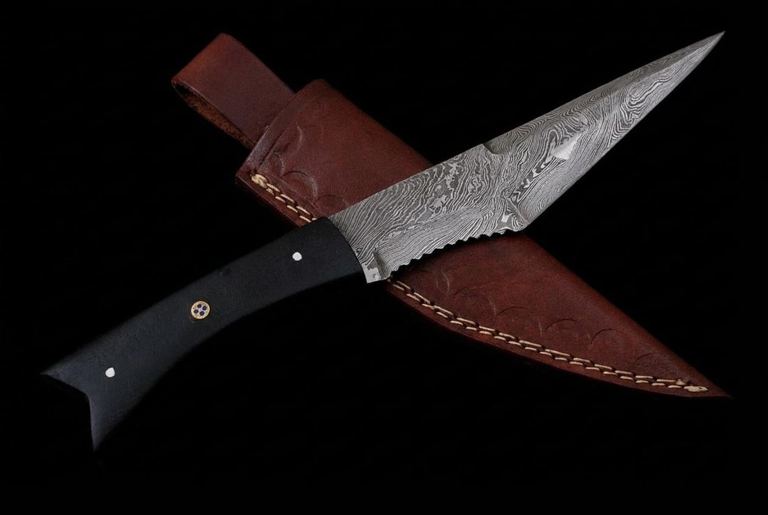 Hand Forged Damascus Steel Hunting Knife with Micarta Handle & Leather Sheath: Title:Hand Forged Damascus Steel Hunting Knife with Micarta Handle & Leather Sheath Description:This custom, hand-forged hunting knife features a distinctive Damascus steel blade and a durable Micarta