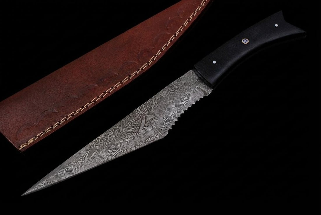 Hand Forged Damascus Steel Hunting Knife with Micarta Handle & Leather Sheath - 2