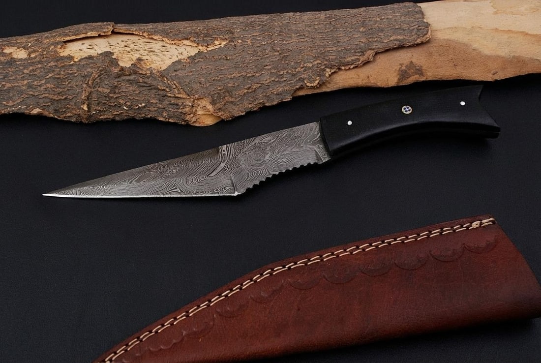 Hand Forged Damascus Steel Hunting Knife with Micarta Handle & Leather Sheath - 4