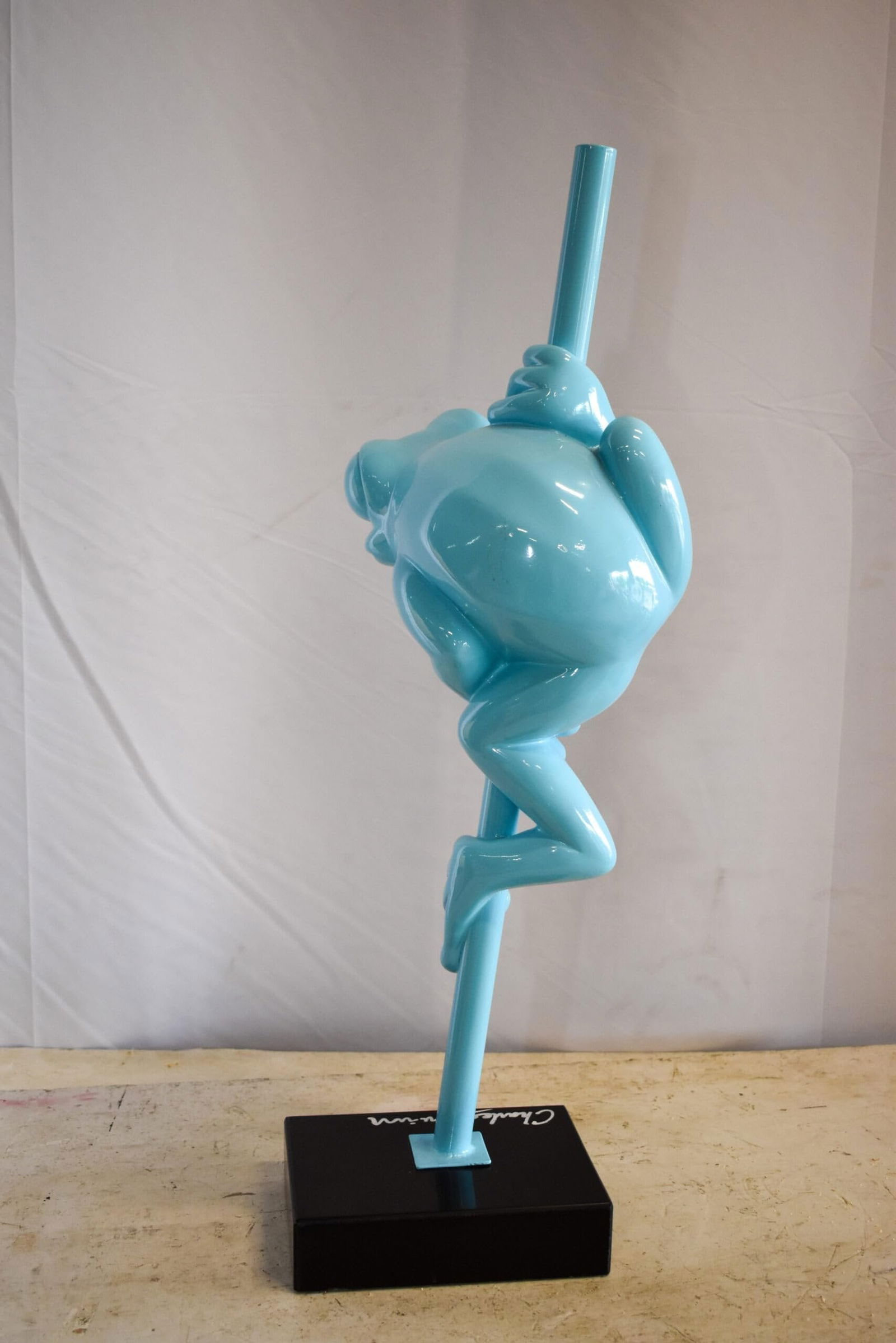 Modern Light Blue Lively Frog on Branch Resin Statue 10" x 8" x 28"H - 10