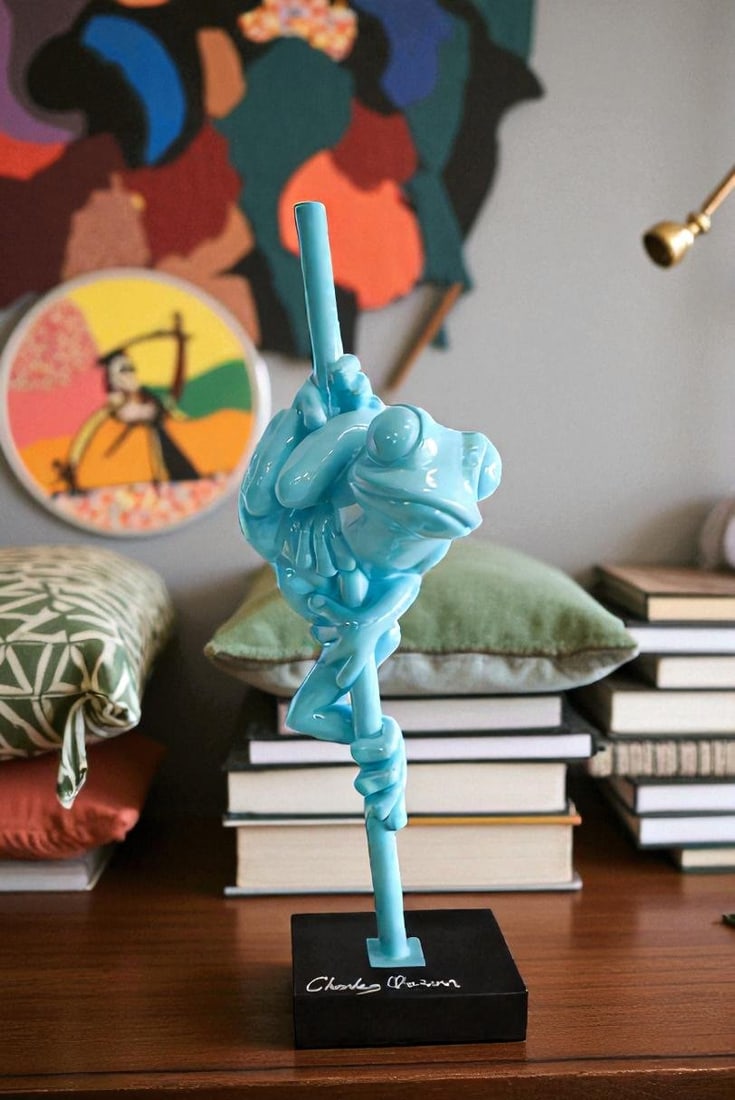 Modern Light Blue Lively Frog on Branch Resin Statue 10" x 8" x 28"H - 2