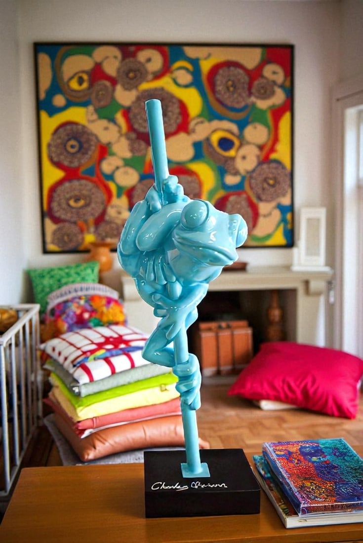 Modern Light Blue Lively Frog on Branch Resin Statue 10" x 8" x 28"H - 3