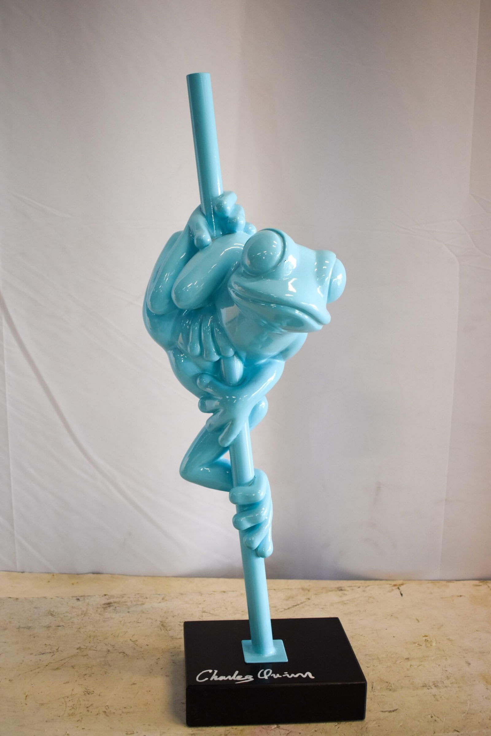 Modern Light Blue Lively Frog on Branch Resin Statue 10" x 8" x 28"H - 4