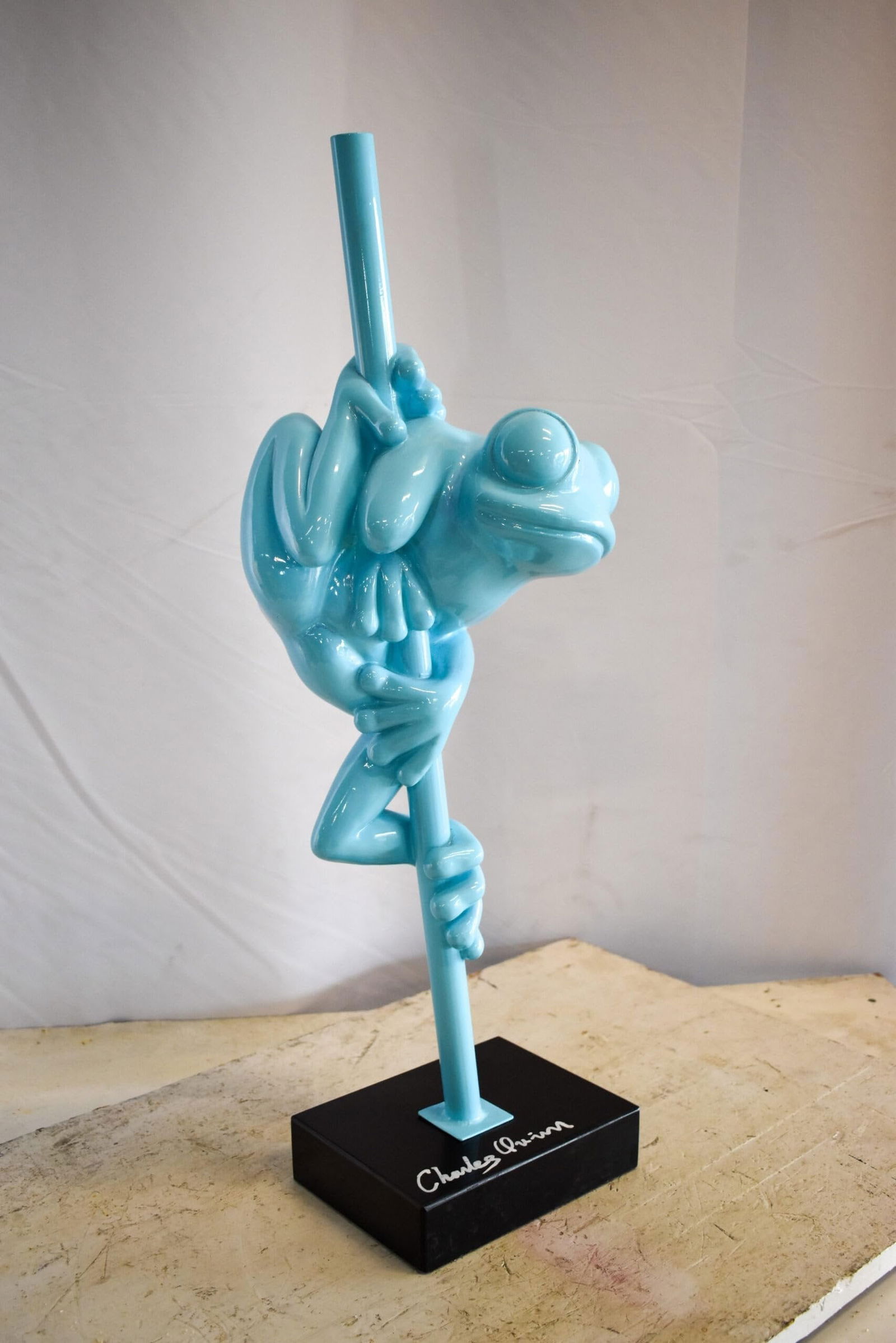 Modern Light Blue Lively Frog on Branch Resin Statue 10" x 8" x 28"H - 5