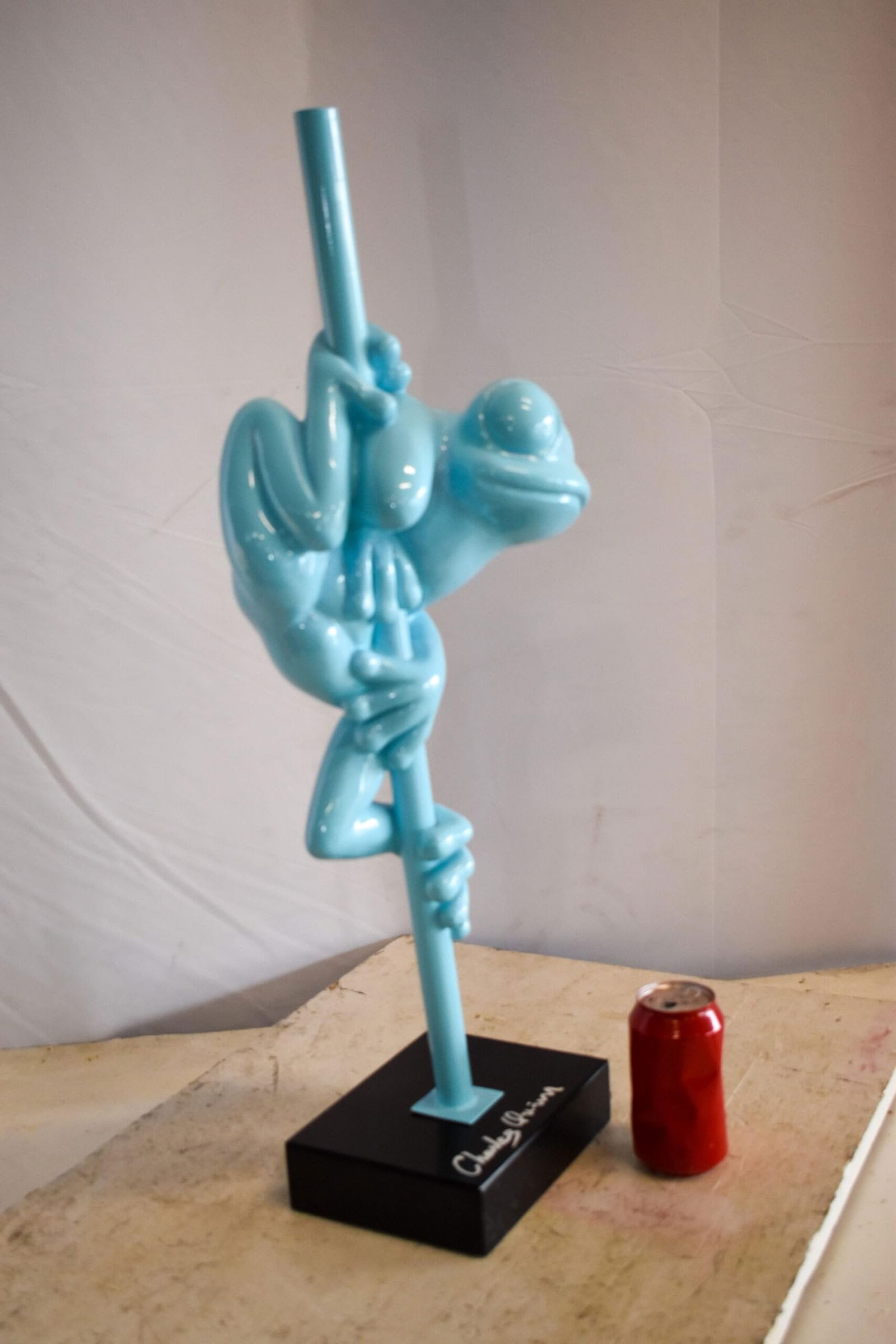 Modern Light Blue Lively Frog on Branch Resin Statue 10" x 8" x 28"H - 7