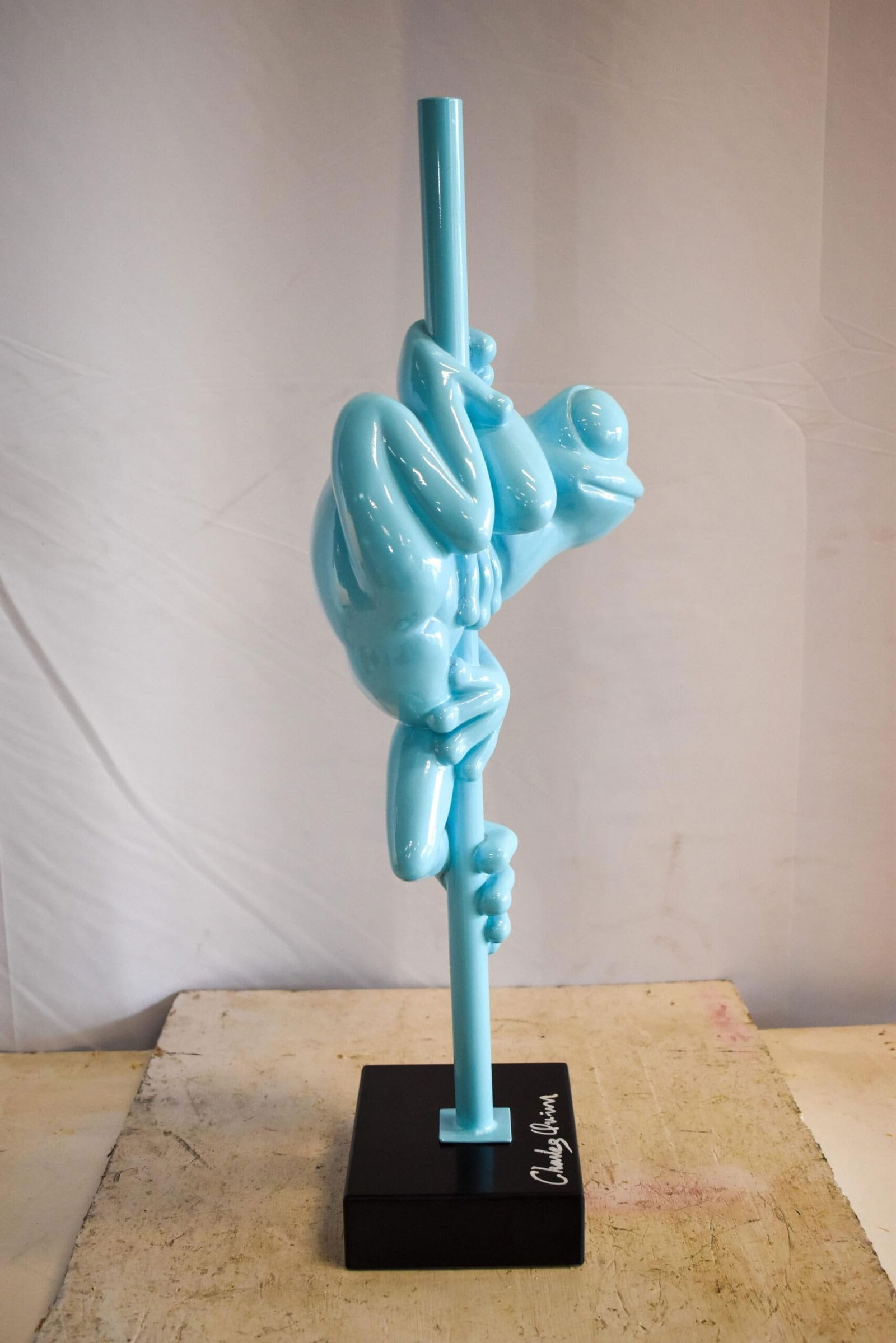 Modern Light Blue Lively Frog on Branch Resin Statue 10" x 8" x 28"H - 8