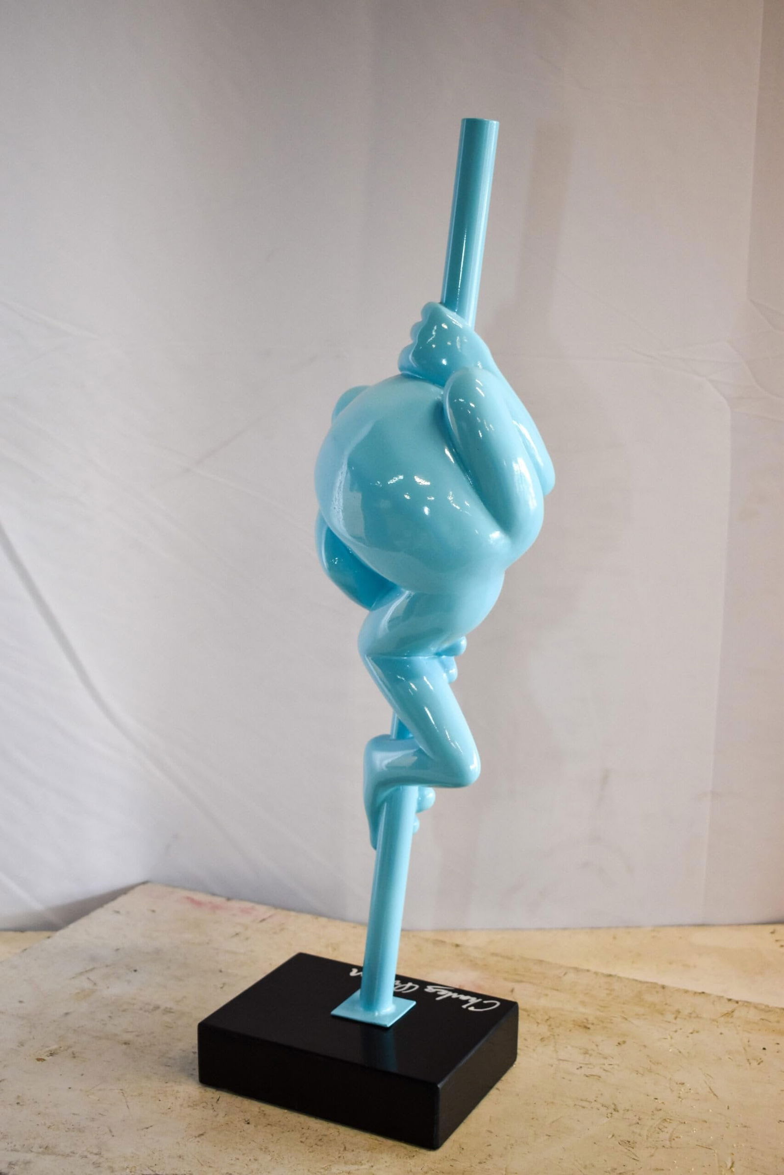 Modern Light Blue Lively Frog on Branch Resin Statue 10" x 8" x 28"H - 9