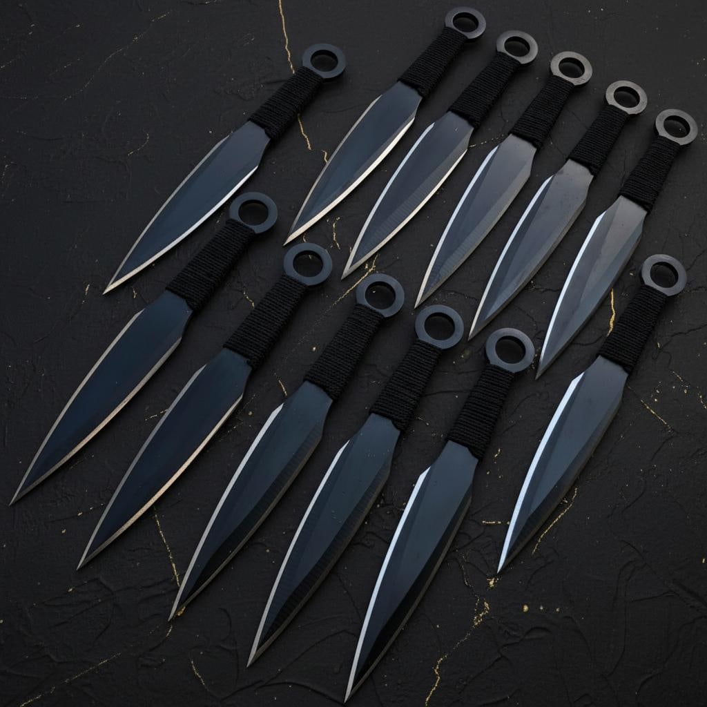 Set of 12 Black Tactical Kunai 6" Throwing Knives 440 Steel Double Edged Blades - 3