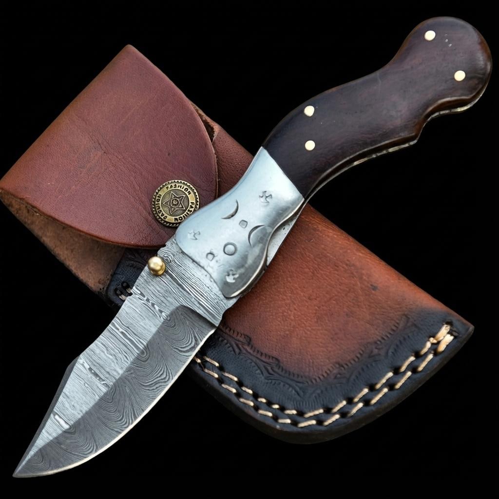 Hand Forged Damascus Steel Folding Pocket Knife with Wood Handle & Sheath EDC: Title:Hand Forged Damascus Steel Folding Pocket Knife with Wood Handle & Sheath EDC Description:This is a hand-forged folding pocket knife featuring a distinctive Damascus steel blade with a twist pat