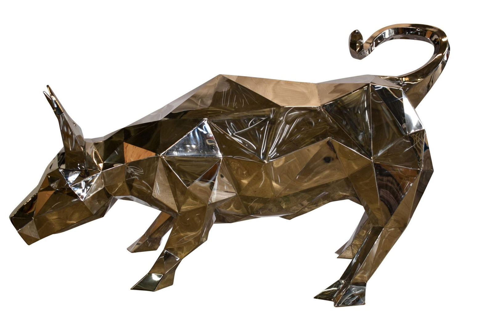 Modern Variation of Wall Street Bull Stainless Steel Statue 80" x 49" x 49"H: Title:Modern Variation of Wall Street Bull Stainless Steel Statue 80" x 49" x 49"HDescription:This stainless steel versatile piece is modern and chic in design, ultimately bringing taste to any room