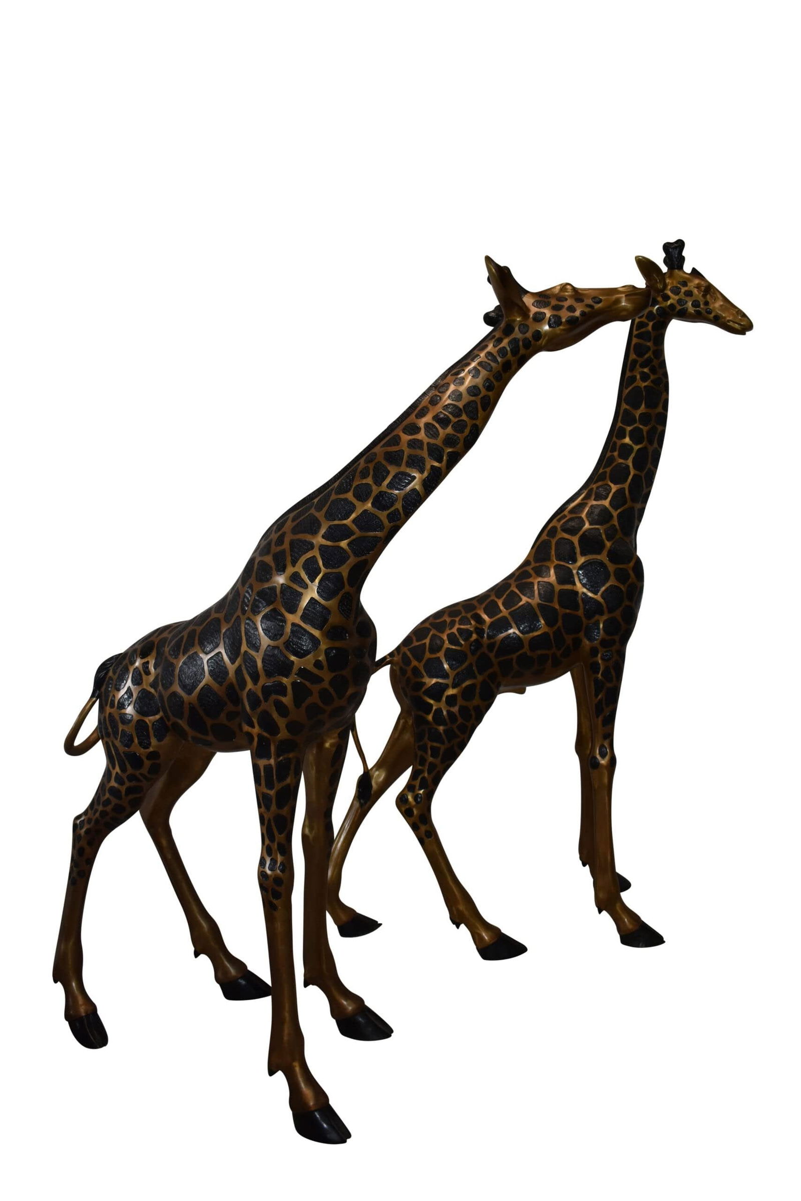 Pair of Young Playful Giraffes Bronze Statue Size: 54" x 18" x 89"H: Title:Pair of Young Playful Giraffes Bronze Statue Size: 54" x 18" x 89"HDescription:This pair of bronze statue giraffes carry playful and young energy. The artist used detailed artisanship when