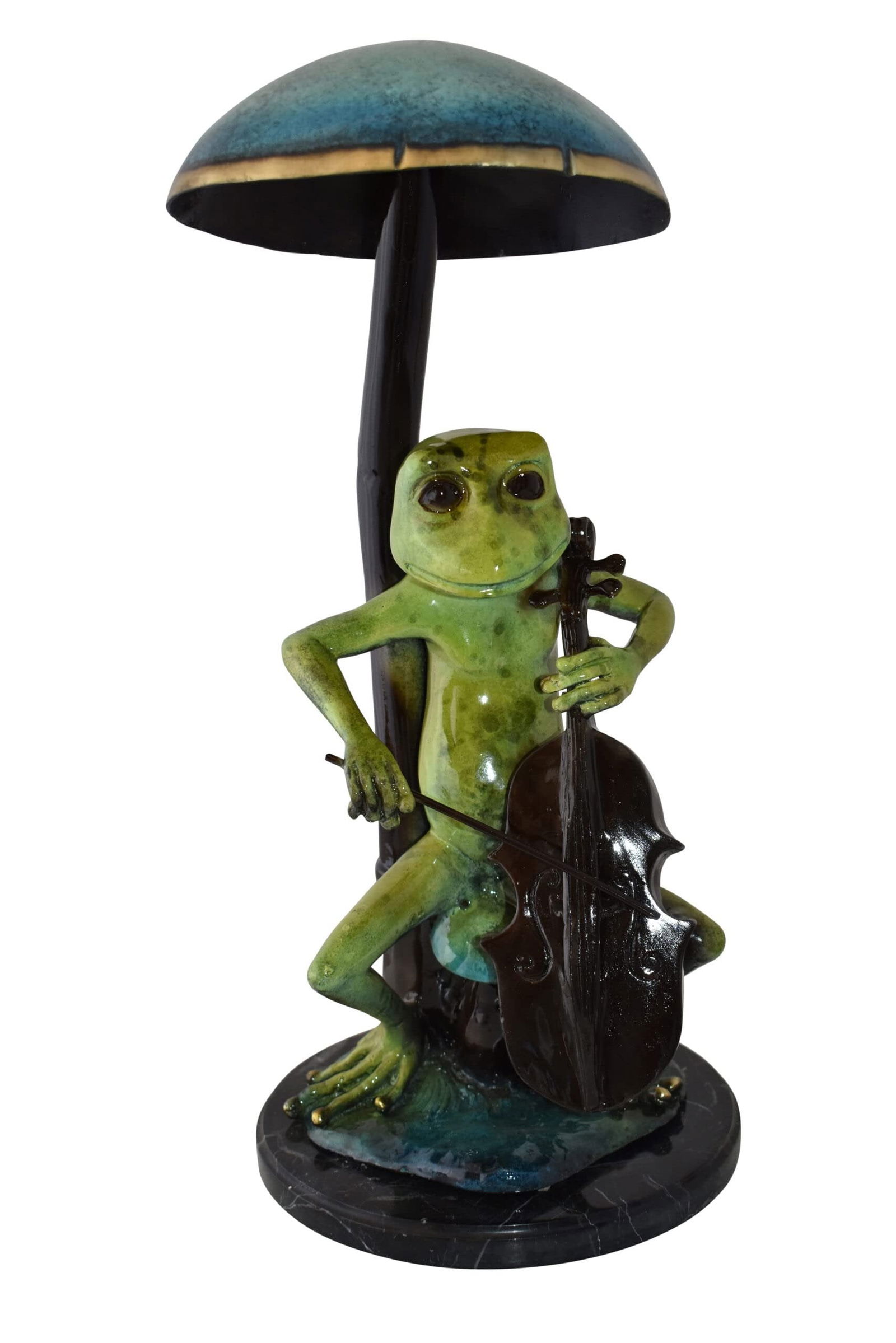 Frog Playing Cello colored Bronze Statue Size: 12" x 11" x 24"H: Title:Frog Playing Cello colored Bronze Statue Size: 12" x 11" x 24"HDescription:Bring some enthusiasm to any space with this bronze statue of a frog playing a cello. With colors such as bright green