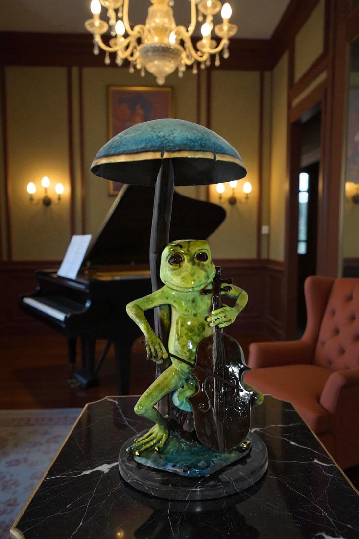 Frog Playing Cello colored Bronze Statue Size: 12" x 11" x 24"H - 2