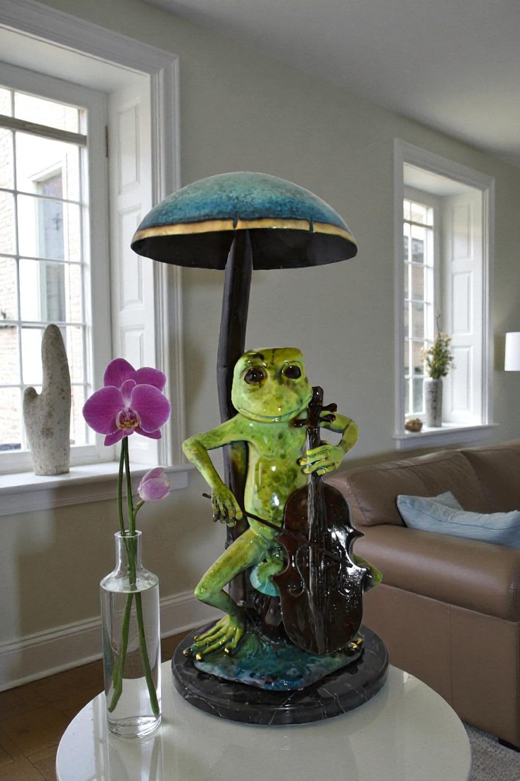 Frog Playing Cello colored Bronze Statue Size: 12" x 11" x 24"H - 3