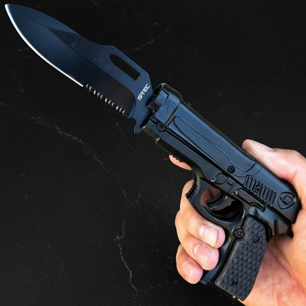 Black Pistol Style Folding Pocket Knife 8 Inch Spring Assisted Serrated Blade Holster: Title:Black Pistol Style Folding Pocket Knife 8 Inch Spring Assisted Serrated Blade Holster Description:This tactical folding knife features a unique hand gun pistol design with a fast spring assisted