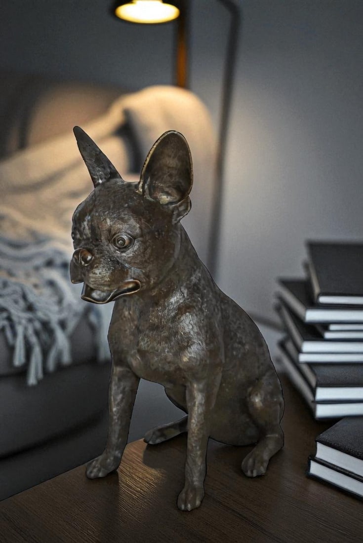 Boston Terrier Dog Happily Sitting Bronze Statue Size: 7" x 13" x 17"H - 2