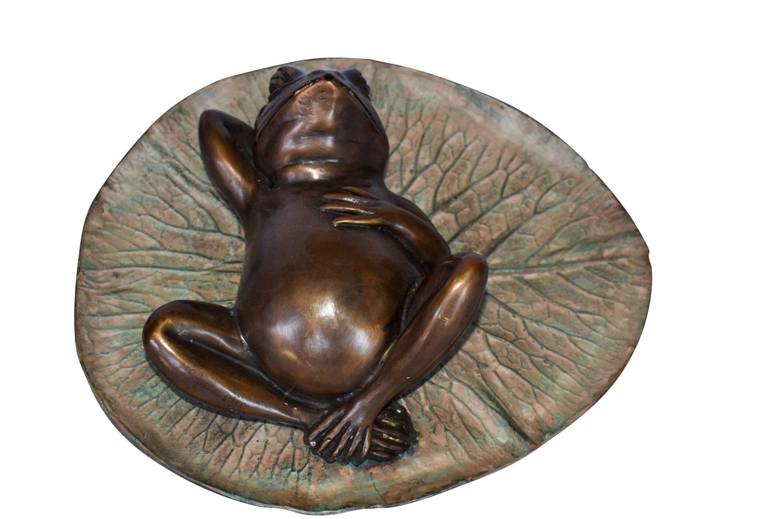 Relaxed Frog Supine on a Lily Bronze Statue Wall Fountain 14" x 6" x 12"H: Title:Relaxed Frog Supine on a Lily Bronze Statue Wall Fountain 14" x 6" x 12"HDescription:When you see this comical, piped bronze, frog statue seemingly relaxing on a lily pad, it might just make